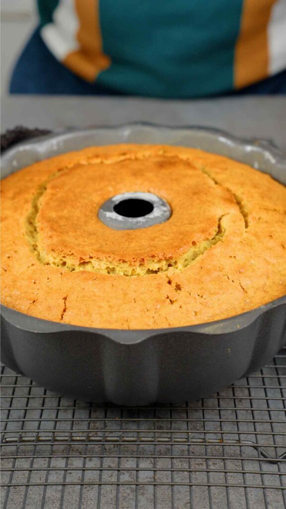 pistachio bundt cake out of the oven