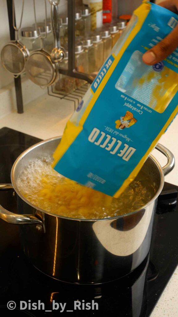 boiling pasta in a pot of boiling water