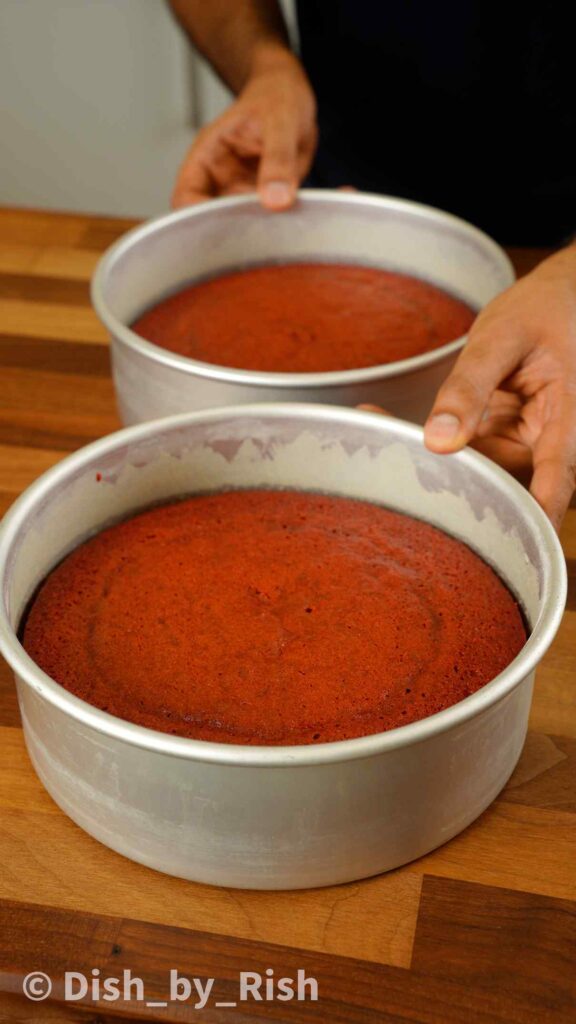 baked red velvet cakes in their tin
